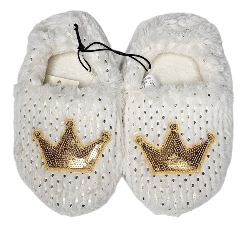 Gold Sequins Princess Crown White Faux Fur House Slippers w Treads size girls 1